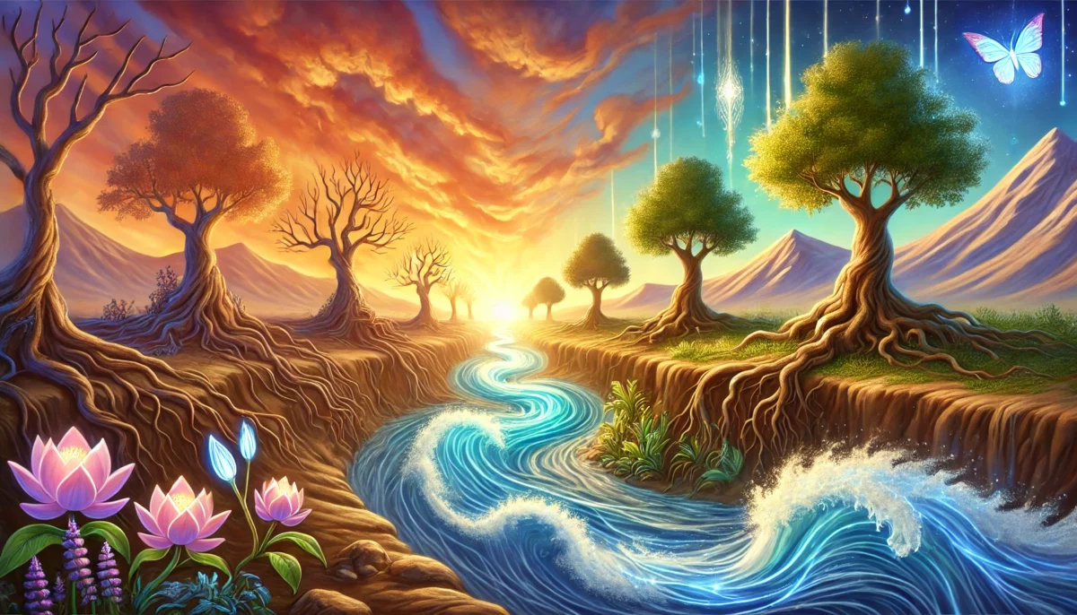 Cette image illustre le voyage de l’âme à travers les cycles de la vie. Le fleuve sinueux symbolise l’écoulement du temps, la fluidité du changement et la force du mouvement intérieur. À gauche, les arbres dépouillés évoquent les étapes de dépouillement, les périodes d’introspection et de renoncement à l’ancien. À droite, les arbres verdoyants incarnent la renaissance, la vitalité retrouvée et l’épanouissement. Le papillon lumineux dans le ciel représente l’ultime transformation : celle de l’être qui, en acceptant les flux de la vie, s’élève vers sa véritable essence. Les fleurs écloses rappellent que la beauté naît de la patience et de l’acceptation du cycle naturel. Un appel à suivre le courant, à accueillir le changement et à se laisser porter vers la lumière.